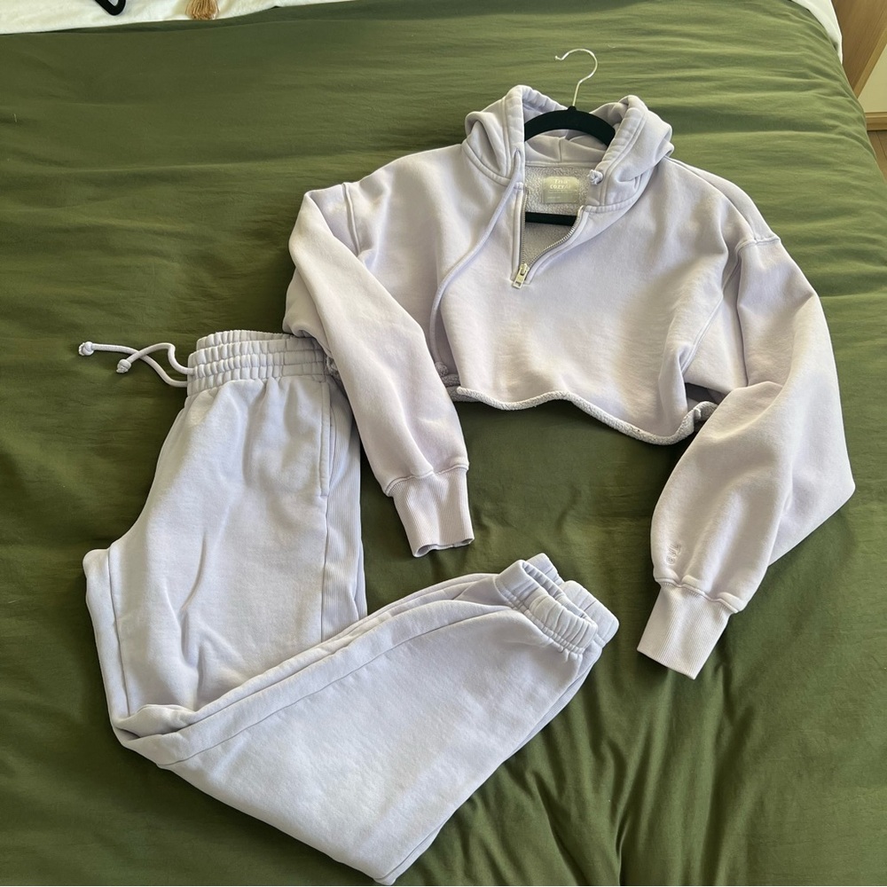 TNA lilac boyfriend sweatpants and cropped 1/4 zip hoodie